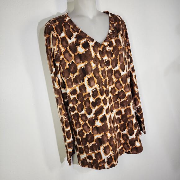 Belle by Kim Gravel Womens TripleLuxe Knit Abstract Giraffe Top Small Java Brown - Picture 5 of 11